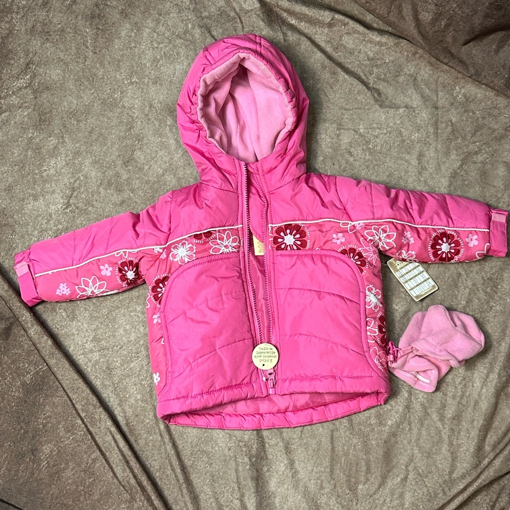 Pink Floral Hooded Jacket with Mittens 12 month